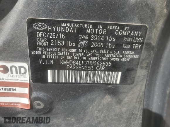 2017 Hyundai Elantra SE with VIN KMHD84LF7HU362635, listed as a Copart auction lot 65542005 with 109,631 mi miles and Clean title. Bid and sale history available at DreamBid. Image 12.