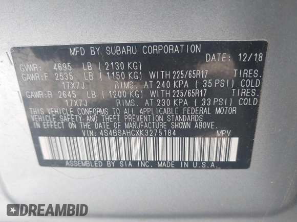 2019 Subaru Outback Premium с VIN 4S4BSAHCXK3275184, выставлен на аукционе IAAI как лот 42564174 с пробегом 163 787 миль миль и . История ставок и продаж доступна на DreamBid. Изображение 9.