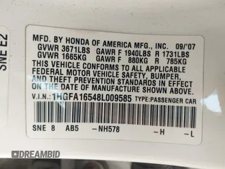 2008 Honda Civic LX with VIN 1HGFA16548L009585, listed as a IAAI auction lot 42134777 with Not Provided miles and . Bid and sale history available at DreamBid. Image 9.