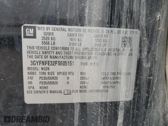 2015 Cadillac SRX Performance Collection with VIN 3GYFNFE32FS605151, listed as a Copart auction lot 53712665 with Not provided miles and Salvage title. Bid and sale history available at DreamBid. Image 15.