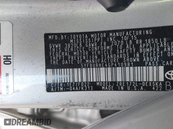2016 Toyota Corolla L z VIN 5YFBURHE4GP410981, wystawiony jako IAAI lot #42293582 z przebiegiem 77 319 mil mil oraz . Historia ofert i sprzedaży dostępna na DreamBid. Obrazek 9.