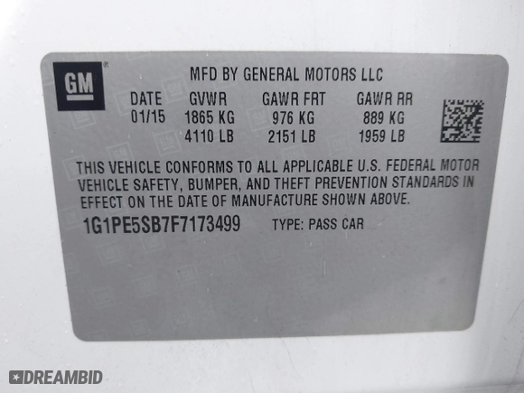 2015 Chevrolet Cruze LT with VIN 1G1PE5SB7F7173499, listed as a IAAI auction lot 41861376 with 147,608 mi miles. Bid and sale history available at carsss.com. Image 9.