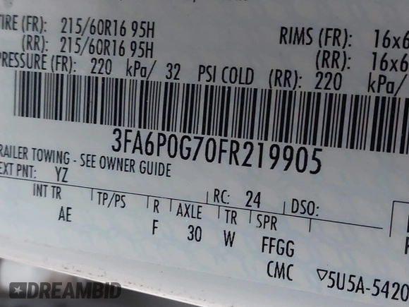 2015 Ford Fusion S with VIN 3FA6P0G70FR219905, listed as a IAAI auction lot 41228828 with 62,030 mi miles and . Bid and sale history available at carsss.com. Image 9.