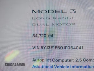 2018 Tesla Model 3 Long Range Battery with VIN 5YJ3E1EB0JF064041, listed as a IAAI auction lot 41562239 with 54,720 mi miles and . Bid and sale history available at DreamBid. Image 16.