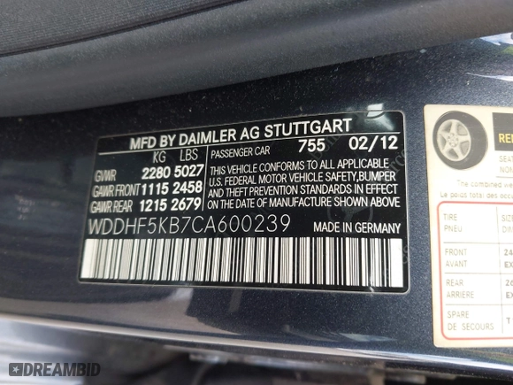 2012 Mercedes-Benz E-Class E 350 Luxury with VIN WDDHF5KB7CA600239, listed as a IAAI auction lot 41915206 with 94,970 mi miles. Bid and sale history available at carsss.com. Image 9.