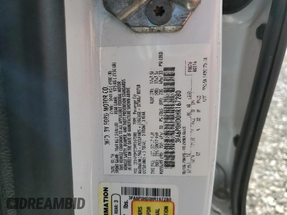 2017 Ford Fusion SE with VIN 3FA6P0HD0HR167280, listed as a Copart auction lot 60931395 with 135,088 mi miles and Clean title. Bid and sale history available at DreamBid. Image 12.