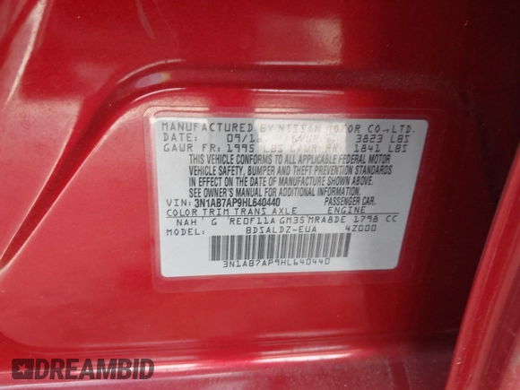 2017 Nissan Sentra SR with VIN 3N1AB7AP9HL640440, listed as a IAAI auction lot 41205124 with 86,299 mi miles and . Bid and sale history available at carsss.com. Image 9.