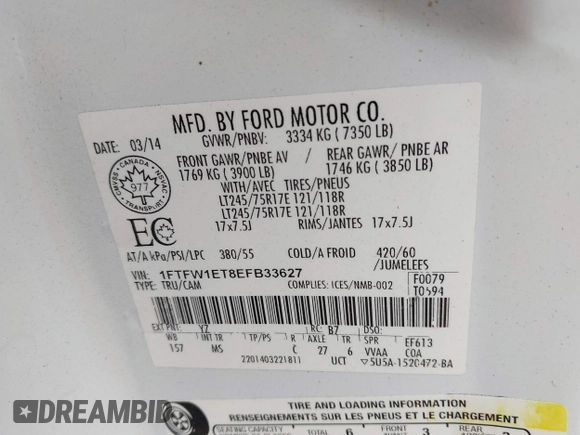 2014 Ford F-150 XL with VIN 1FTFW1ET8EFB33627, listed as a IAAI auction lot 42170252 with 173,886 mi miles. Bid and sale history available at carsss.com. Image 9.