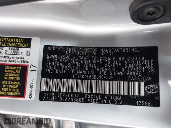 2014 Toyota Avalon Limited with VIN 4T1BK1EB3EU104576, listed as a IAAI auction lot 41773431 with 105,419 mi miles. Bid and sale history available at carsss.com. Image 9.