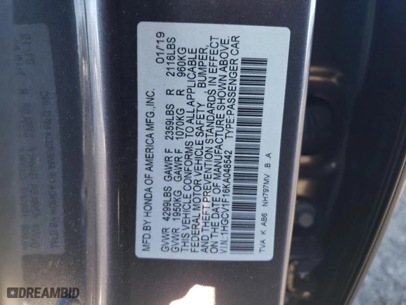 2019 Honda Accord Sedan LX 1.5T with VIN 1HGCV1F16KA048542, listed as a Copart auction lot 88433665 with 56,494 mi miles and Salvage Title. Bid and sale history available at carsss.com. Image 14.
