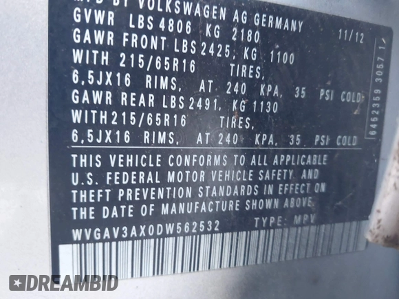 2013 Volkswagen Tiguan S z VIN WVGAV3AX0DW562532, wystawiony jako IAAI lot #42737494 z przebiegiem 152 549 mil mil oraz . Historia ofert i sprzedaży dostępna na DreamBid. Obrazek 9.