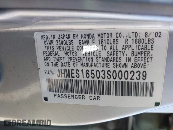 2003 Honda Civic LX with VIN JHMES16503S000239, listed as a IAAI auction lot 42184911 with 148,257 mi miles and . Bid and sale history available at DreamBid. Image 9.