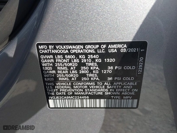 2021 Volkswagen Atlas Cross Sport 3.6L V6 SE w/Technology with VIN 1V2JE2CA9MC224456, listed as a IAAI auction lot 41427604 with 24,803 mi miles. Bid and sale history available at carsss.com. Image 9.