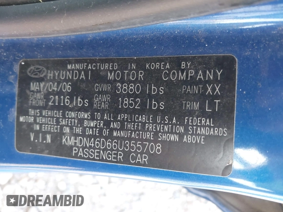2006 Hyundai Elantra GLS z VIN KMHDN46D66U355708, wystawiony jako IAAI lot #42358537 z przebiegiem 121 676 mil mil oraz . Historia ofert i sprzedaży dostępna na DreamBid. Obrazek 9.