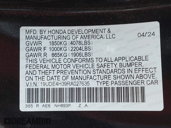 2024 Acura Integra w/A-Spec Package with VIN 19UDE4H39RA027635, listed as a IAAI auction lot 42304277 with 18,493 mi miles and . Bid and sale history available at DreamBid. Image 9.