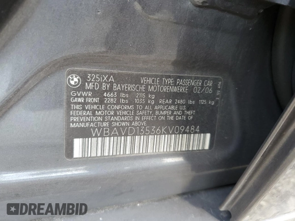 2006 BMW 3 Series 325xi with VIN WBAVD13536KV09484, listed as a Copart auction lot 72978164 with 291,429 mi miles and Salvage Title. Bid and sale history available at carsss.com. Image 12.