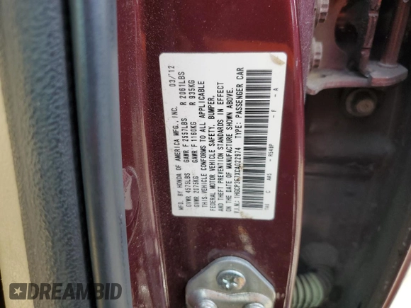 2012 Honda Accord EX z VIN 1HGCP3F7XCA022974, wystawiony jako Copart lot #45958585 z przebiegiem 88 861 mil mil oraz Szkoda całkowita • Salvage title. Historia ofert i sprzedaży dostępna na DreamBid. Obrazek 12.