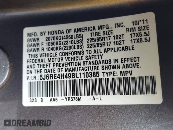2011 Honda CR-V SE with VIN 5J6RE4H49BL110385, listed as a IAAI auction lot 41091191 with 209,187 mi miles. Bid and sale history available at carsss.com. Image 9.