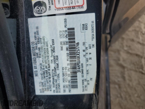 2012 Ford Fusion SEL with VIN 3FAHP0JA8CR257746, listed as a Copart auction lot 60911705 with 162,808 mi miles and Clean title. Bid and sale history available at DreamBid. Image 12.