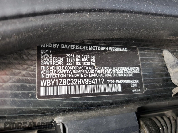 2017 BMW i3 z VIN WBY1Z8C32HV894112, wystawiony jako Copart lot #59610785 z przebiegiem 82 087 mil mil oraz Czysty tytuł • Clean title. Historia ofert i sprzedaży dostępna na DreamBid. Obrazek 13.