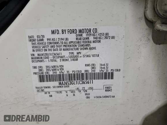 2020 Ford EcoSport SE with VIN MAJ6S3GL1LC365611, listed as a Copart auction lot 51432335 with 100,258 mi miles and Salvage Title. Bid and sale history available at carsss.com. Image 12.