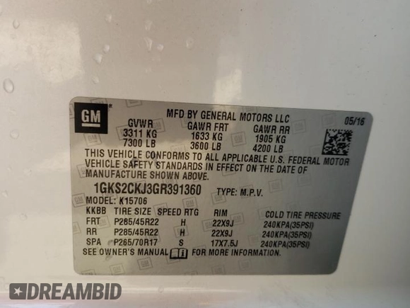 2016 GMC Yukon Denali with VIN 1GKS2CKJ3GR391360, listed as a Copart auction lot 65940114 with 51,040 mi miles and Salvage Title. Bid and sale history available at carsss.com. Image 16.