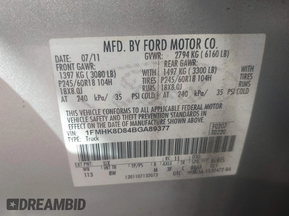2011 Ford Explorer XLT with VIN 1FMHK8D84BGA89377, listed as a IAAI auction lot 42124816 with 234,269 mi miles and . Bid and sale history available at carsss.com. Image 9.