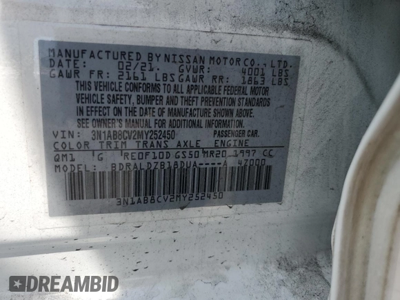 2021 Nissan Sentra SV z VIN 3N1AB8CV2MY252450, wystawiony jako Copart lot #54003805 z przebiegiem 80 156 mil mil oraz Nie do naprawy • Non repairable. Historia ofert i sprzedaży dostępna na DreamBid. Obrazek 12.