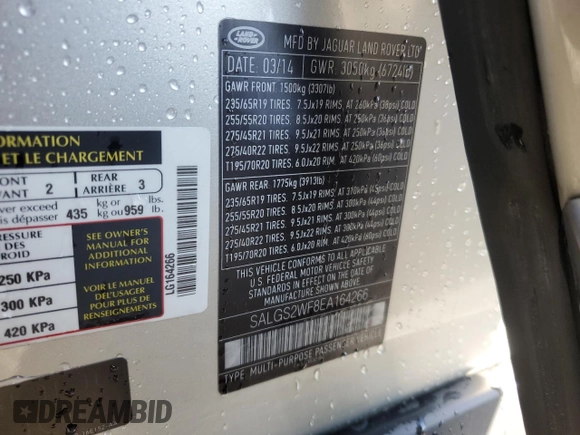 2014 Land Rover Range Rover HSE with VIN SALGS2WF8EA164266, listed as a Copart auction lot 57962545 with 105,622 mi miles and Salvage title. Bid and sale history available at DreamBid. Image 13.