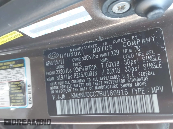 2011 Hyundai Veracruz GLS with VIN KM8NUDCC7BU169916, listed as a IAAI auction lot 41770577 with 229,796 mi miles and . Bid and sale history available at DreamBid. Image 9.