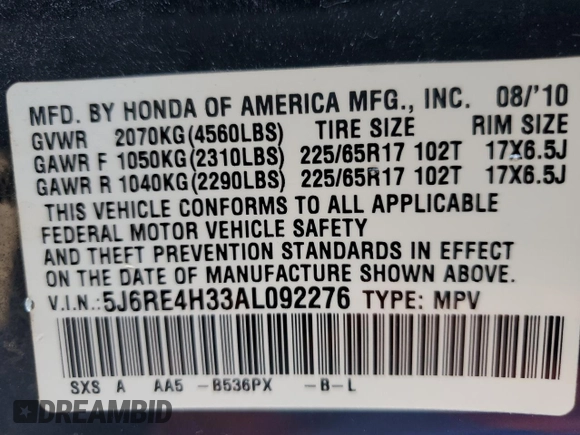2010 Honda CR-V LX with VIN 5J6RE4H33AL092276, listed as a Copart auction lot 56482785 with 64,319 mi miles and Salvage title. Bid and sale history available at DreamBid. Image 12.