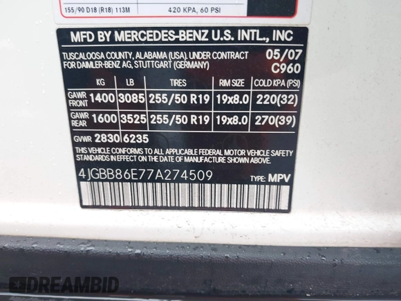 2007 Mercedes-Benz M 350 with VIN 4JGBB86E77A274509, listed as a IAAI auction lot 41975375 with 94,715 mi miles and . Bid and sale history available at DreamBid. Image 9.