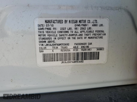 2010 Infiniti EX Journey with VIN JN1AJ0HPXAM703492, listed as a Copart auction lot 49443065 with Not provided miles and Salvage title. Bid and sale history available at DreamBid. Image 14.