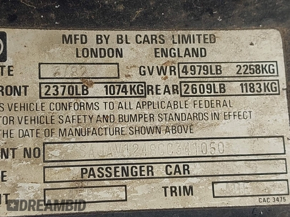 1982 Jaguar XJ with VIN SAJAV1248CC341050, listed as a IAAI auction lot 42653594 with Not provided miles and . Bid and sale history available at DreamBid. Image 9.