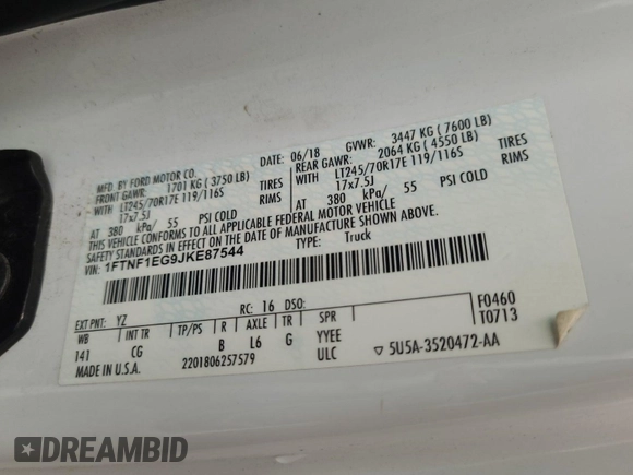 2018 Ford F-150 XL with VIN 1FTNF1EG9JKE87544, listed as a IAAI auction lot 42843829 with Not provided miles and . Bid and sale history available at DreamBid. Image 10.