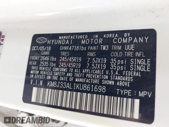 2019 Hyundai Tucson Sport with VIN KM8J33AL1KU861698, listed as a IAAI auction lot 42129173 with 100,160 mi miles. Bid and sale history available at carsss.com. Image 9.