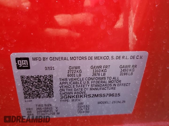 2021 Chevrolet Blazer RS with VIN 3GNKBKRS2MS579615, listed as a Copart auction lot 48913135 with 25,576 mi miles and Salvage title. Bid and sale history available at DreamBid. Image 13.