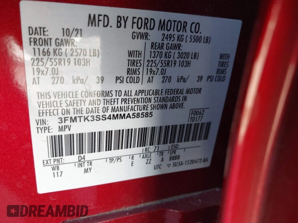 2021 Ford Mustang Mach-E Premium z VIN 3FMTK3SS4MMA58585, wystawiony jako IAAI lot #41360050 z przebiegiem 35 456 mil mil oraz . Historia ofert i sprzedaży dostępna na DreamBid. Obrazek 9.