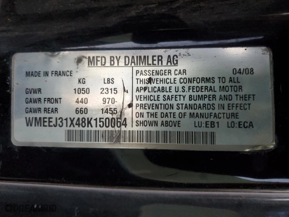 2008 Smart fortwo Pure with VIN WMEEJ31X48K150064, listed as a Copart auction lot 42133475 with NaN miles and Salvage Title. Bid and sale history available at carsss.com. Image 12.