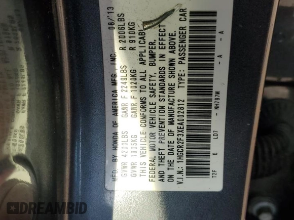 2014 Honda Accord Sedan LX with VIN 1HGCR2F3XEA002812, listed as a Copart auction lot 49377935 with 201,218 mi miles and Salvage Title. Bid and sale history available at carsss.com. Image 12.