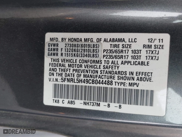 2012 Honda Odyssey EX with VIN 5FNRL5H49CB044488, listed as a IAAI auction lot 41968571 with 128,005 mi miles. Bid and sale history available at carsss.com. Image 9.