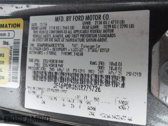 2017 Ford Fusion Hybrid Titanium z VIN 3FA6P0RU6HR279726, wystawiony jako IAAI lot #41736889 z przebiegiem 123 698 mil mil oraz . Historia ofert i sprzedaży dostępna na DreamBid. Obrazek 9.