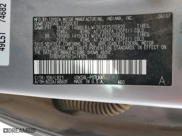 2007 Toyota Tundra LTD with VIN 5TBDV58197S474171, listed as a Copart auction lot 50387945 with 246,405 mi miles and Salvage Title. Bid and sale history available at carsss.com. Image 14.
