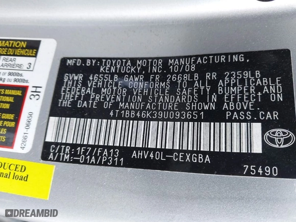 2009 Toyota Camry Hybrid with VIN 4T1BB46K39U093651, listed as a IAAI auction lot 41727620 with 219,484 mi miles. Bid and sale history available at carsss.com. Image 9.