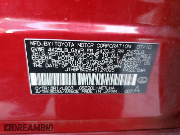 2010 Lexus IS 250 z VIN JTHBF5C26A5129025, wystawiony jako Copart lot #47774755 z przebiegiem 140 886 mil mil oraz Szkoda całkowita • Salvage title. Historia ofert i sprzedaży dostępna na DreamBid. Obrazek 13.