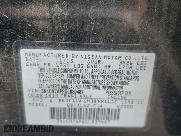 2016 Nissan Versa SV with VIN 3N1CN7AP2GL839487, listed as a Copart auction lot 56679105 with 172,189 mi miles and Clean Title. Bid and sale history available at DreamBid. Image 12.