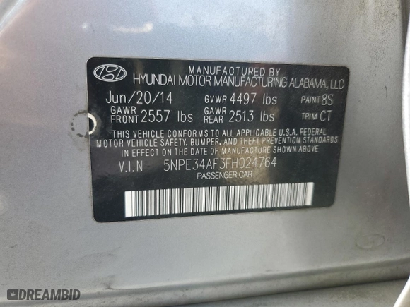2015 Hyundai Sonata 2.4L Limited with VIN 5NPE34AF3FH024764, listed as a Copart auction lot 50980725 with 163,846 mi miles and Salvage Title. Bid and sale history available at carsss.com. Image 14.