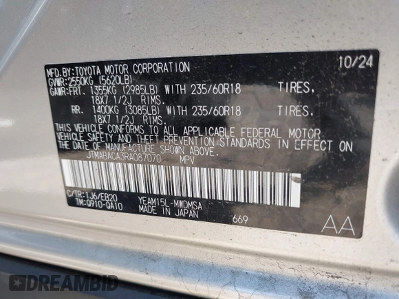 2024 Toyota bZ4X XLE z VIN JTMABACA3RA087070, wystawiony jako IAAI lot #42135035 z przebiegiem 17 498 mil mil oraz . Historia ofert i sprzedaży dostępna na DreamBid. Obrazek 9.