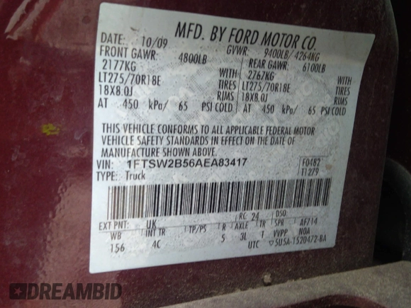 2010 Ford F-250 XL с VIN 1FTSW2B56AEA83417, выставлен на аукционе IAAI как лот 42425571 с пробегом Не указан миль и . История ставок и продаж доступна на DreamBid. Изображение 9.