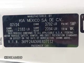 2024 Kia Forte LXS with VIN 3KPF24AD6RE837112, listed as a IAAI auction lot 41725431 with 7,784 mi miles. Bid and sale history available at carsss.com. Image 9.